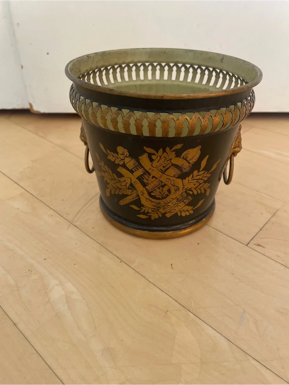 vintage French Neoclassical-style black and gold tole cachepot